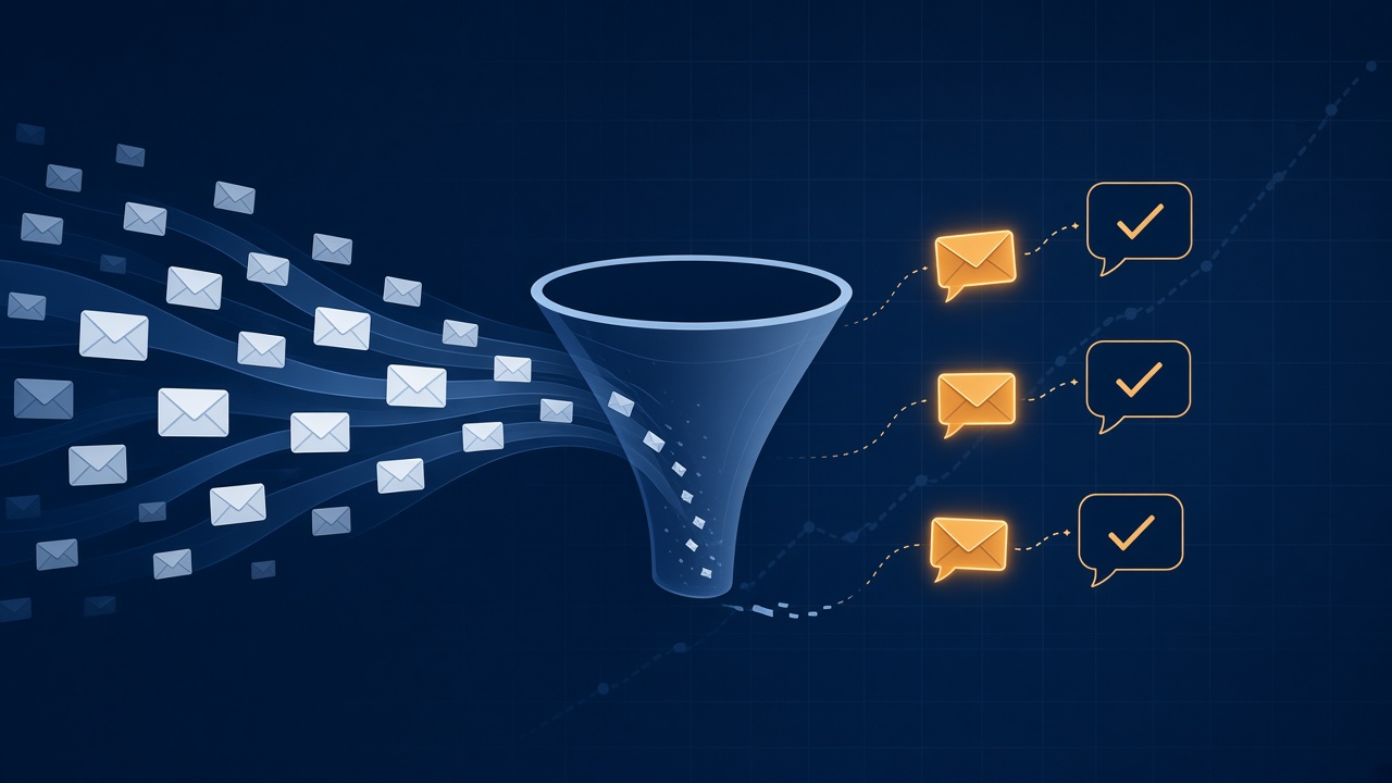 Illustration of emails flowing into a funnel, with a few highlighted replies coming out as interested customers